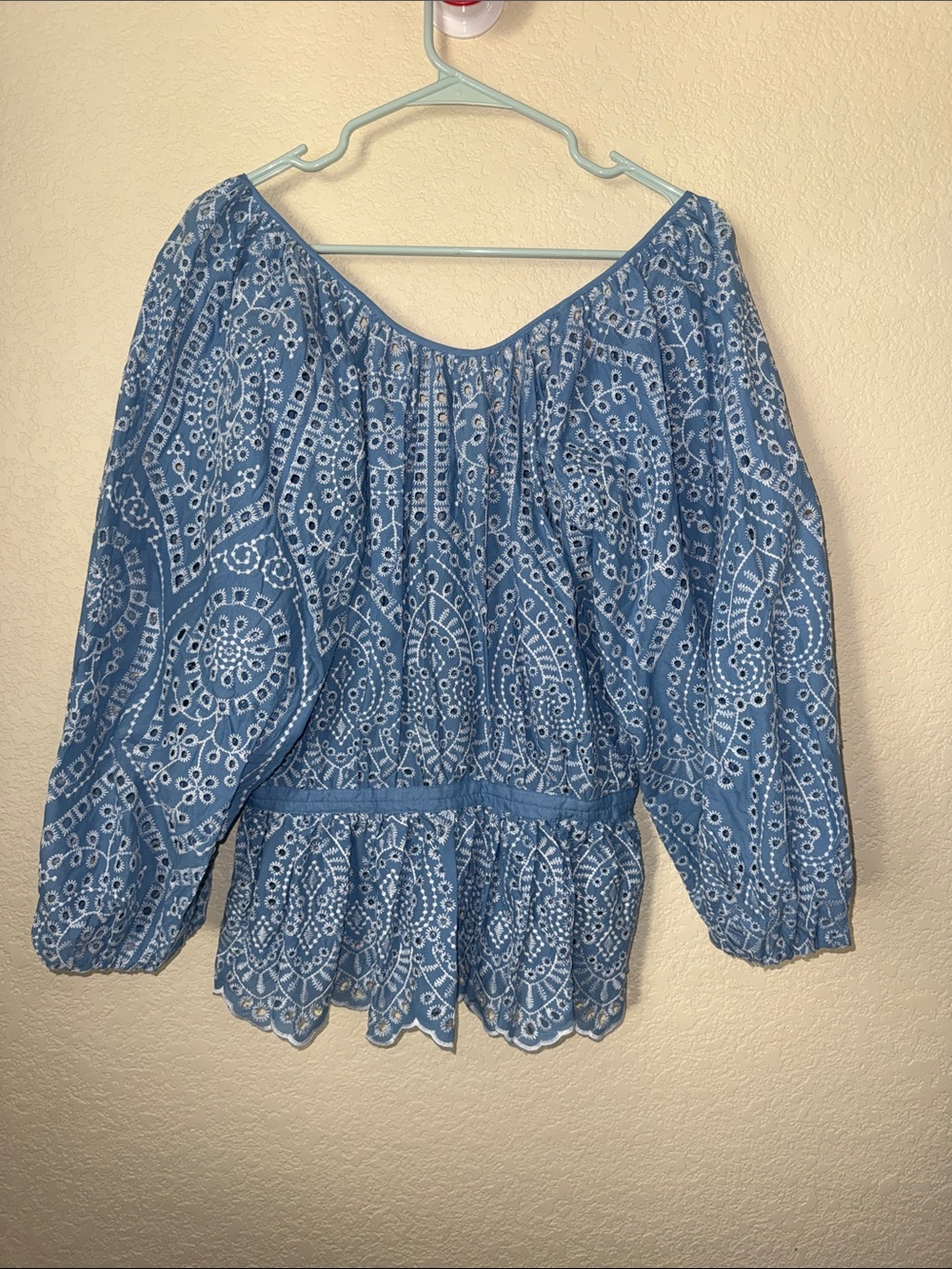 Elie Tahari Blue Eyelet Embroidered Peplum Blouse M NWOT